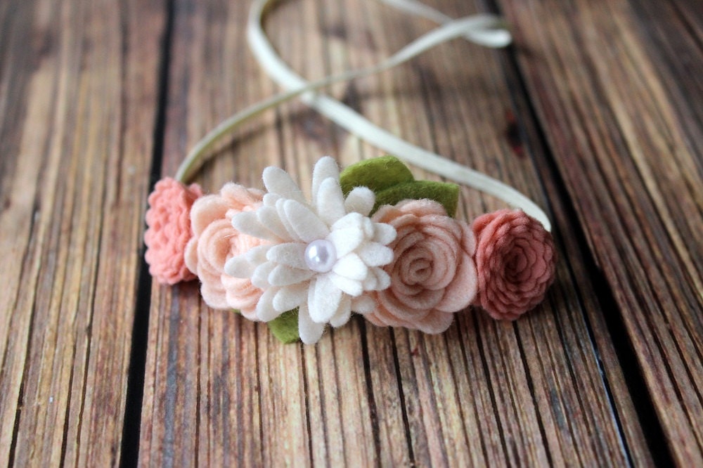 blush felt flower garland headband newborn/baby/toddler