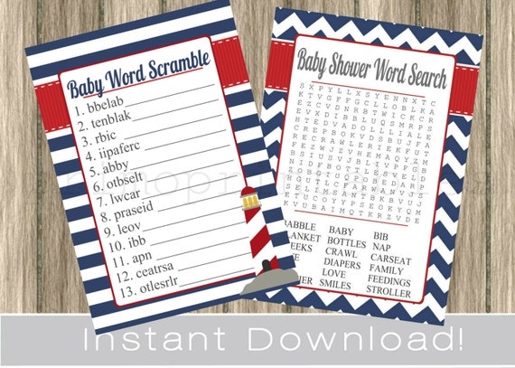 Nautical Red White Blue Baby Shower games / Word Search Cards and Word scramble / boy / INSTANT DOWNLOAD / printable files, activity idea Il_570xn