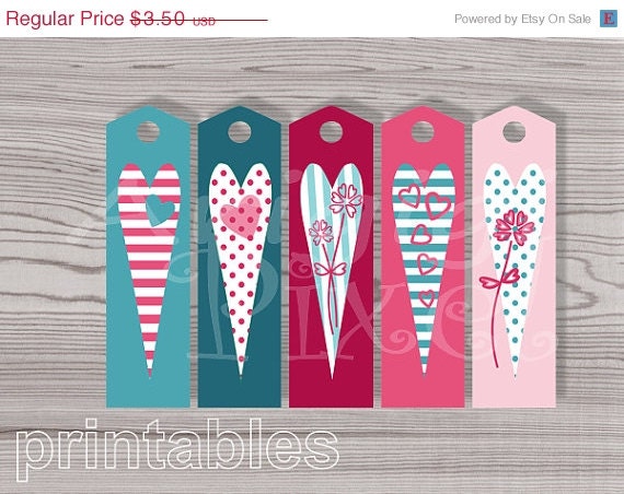 ON SALE 50 % OFF Instant Download Valentine Hearts Printable Bookmark Long Gift Tags Pink Teal Blue Green Png Pdf Il_570xn