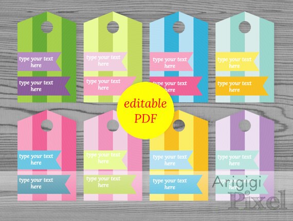editable PDF tags, striped gift tags, spring colors tags, custom text hang tag, edit text yourself, Easter candy tags Il_570xn