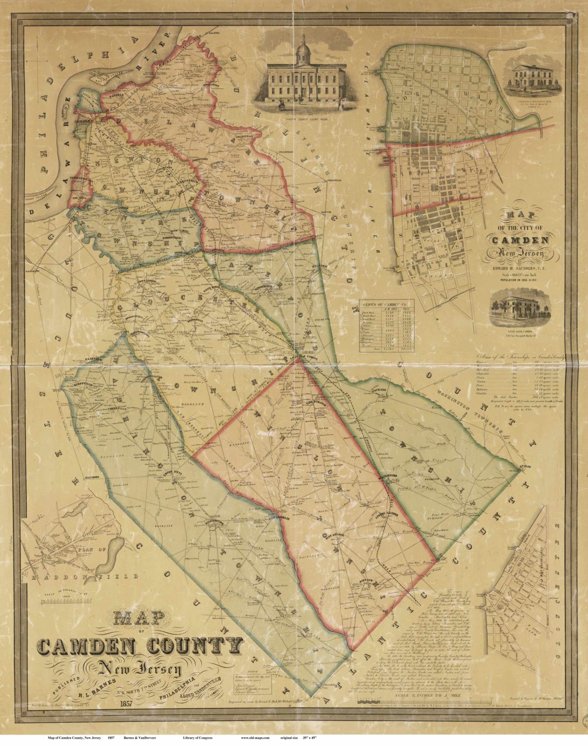 Camden County New Jersey 1857 Old Wall Map Reprint With