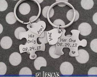 Personalized Puzzle Piece Key Chain Duo Her One His Only - These Hand Stamped Stainless Steel Key Chains Anniversary Wedding Gift