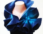 Felted Wool Scarf-Neckpiece-Collar. Dark blue & bright blue shibori scarf.  Large size Organic eco scarf. Winter Accessories. For her.