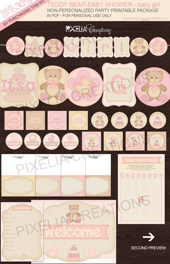 Pink Teddy Bear Baby Shower. Printable party for a baby shower. Instant download pdf. Welcoming a Baby Girl Il_570xn