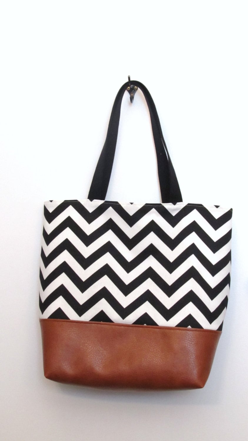Extra Large Tote Bag / Black and White Chevron by bettyscorner