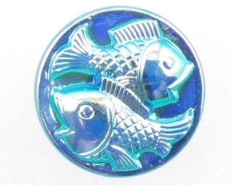 Czech Glass Buttons dark blue with silver 2 fish design 22mm PB1049