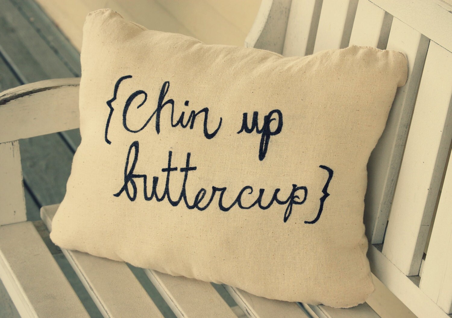 Chin Up Buttercup Handmade Pillow in Cream