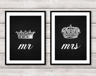 Set of Two 2 Mr and Mrs His Hers King Queen Crown A4 Prints Wall Art Home Decor Black White 