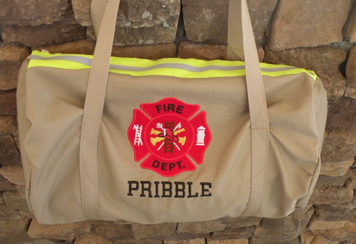 Fire Fighter Duffle bag with Double NAME tan or by SimplySweetByB