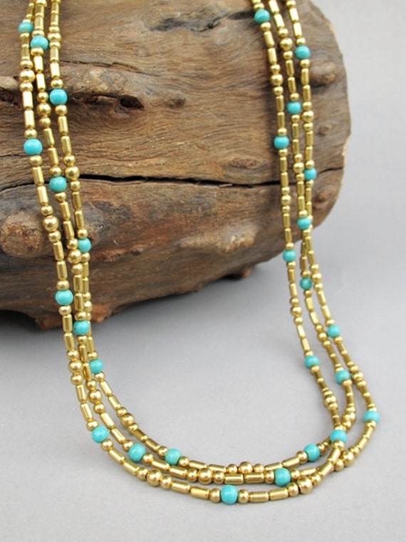 4mm Turquoise Beaded Multi Strand Necklace with Brass Bead