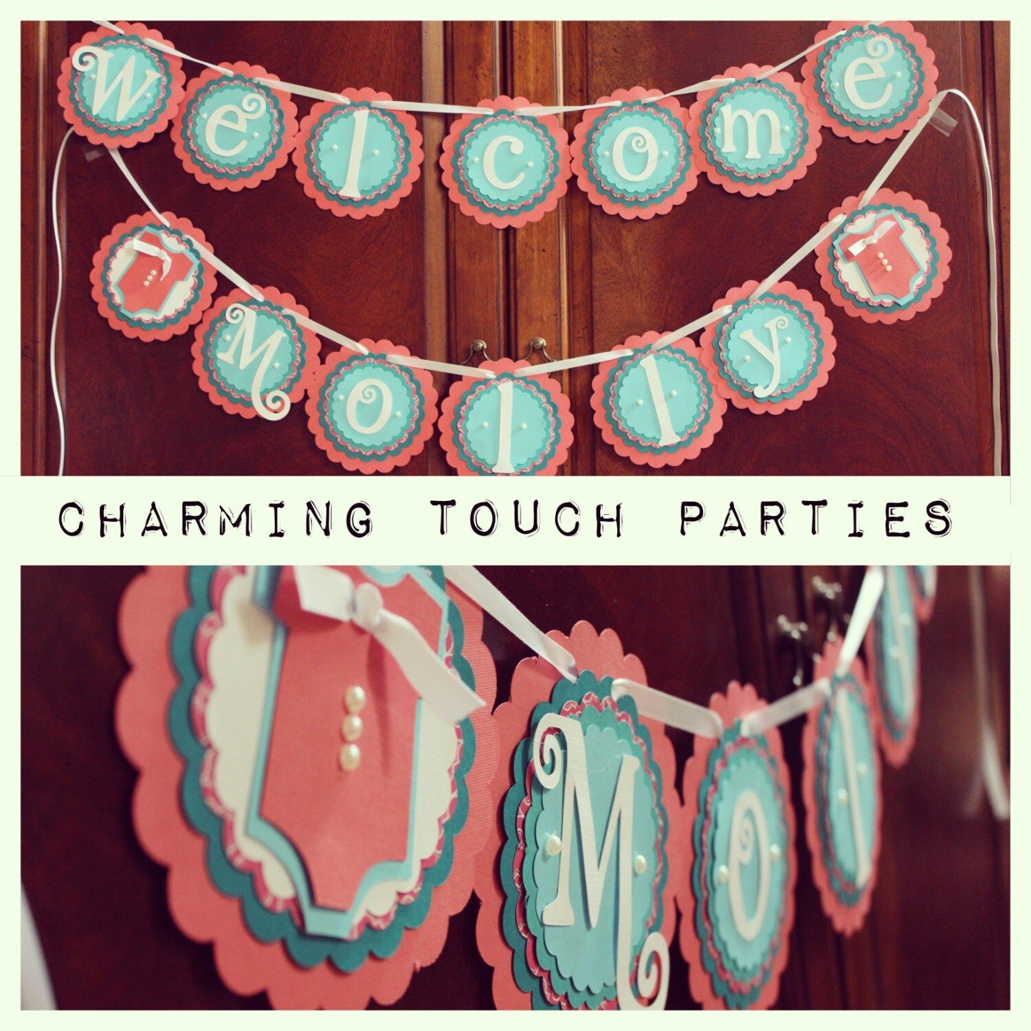 Baby Shower decor. Coral and Aqua name baby banner by