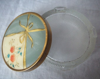 Vintage Footed Glass Powder Jar with Celluloid-Like Top on Metal Lid