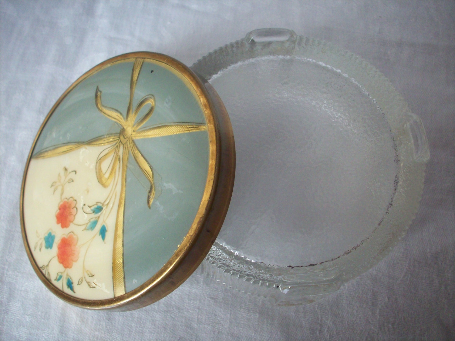 Vintage Footed Glass Powder Jar with CelluloidLike Top on