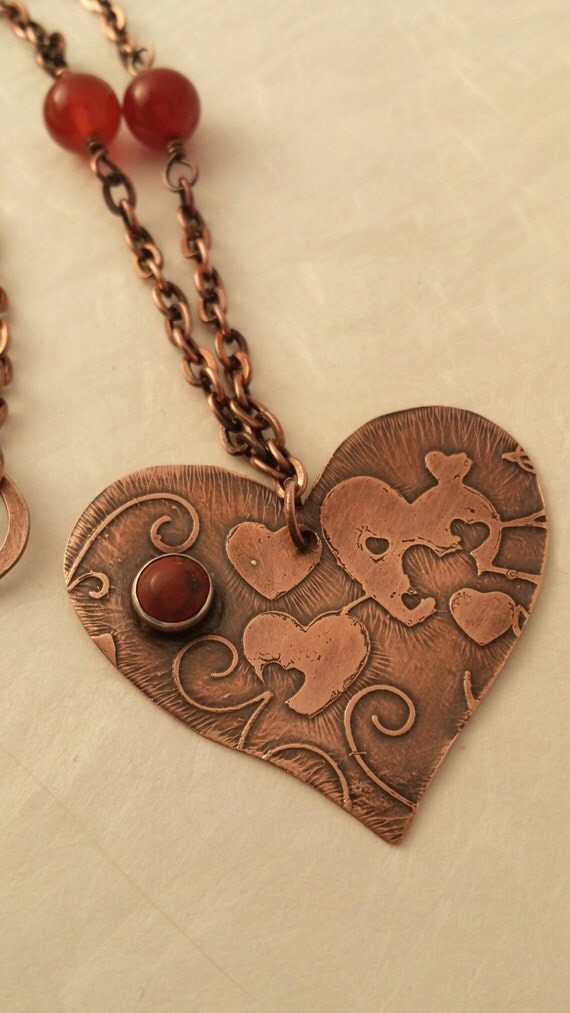 Etched Copper Hearts Necklace Copper Heart by Mindbodynsoul