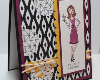 Hand Stamped Celebration Card, Black and White Card, Modern Hand Stamped Card, Martini Card