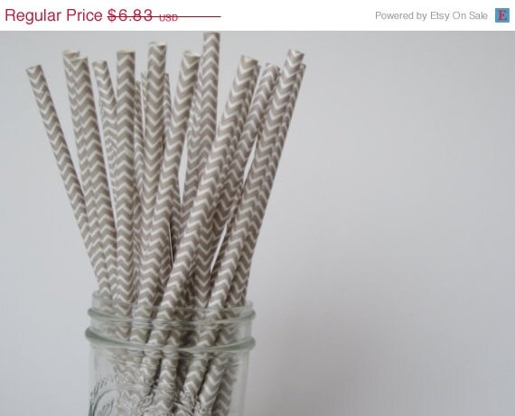 15% off - 50 grey / silver and White CHEVRON Paper Straw - ships less than 24 hours Il_570xn