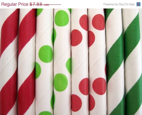 10% off - 50 Christmas Red and Green Paper Straw Mix - Stripe & Dot - ships less than 24 hours Il_570xn
