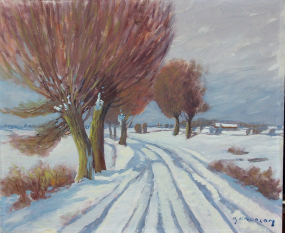 Vintage Original Winter Scene Oil Painting From Sweden By