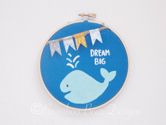 Dream Big Hoop Art, Whale Hoop Art, hand painted, wall hanging, nautical, 5 inch hoop, nursery decor, Washi tape, Ocean nursery decor