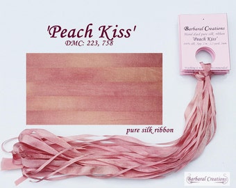Hand dyed 4 mm wide pure silk ribbon, soie de ruban - 'Peach Kiss'