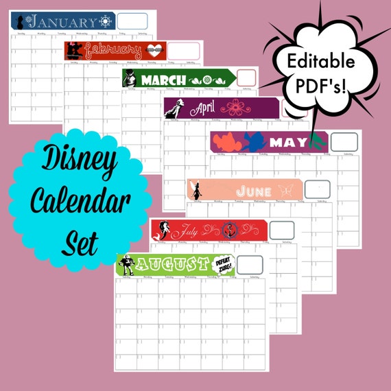 Disney Themed Calendar Set/ Editable PDF Calendar/Disney