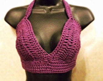 Crochet Bra Halter Top, SEXY 100% Cotton Purple (Black Currant) Bikini ...