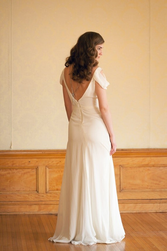 Ivory Silk Crepe Draped Sleeve Wedding Gown Vintage Inspired