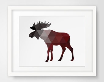 Moose Decor, Moose Art, Red Wall Art, Geometric Animal Prints, Moose Decorations, Moose Wall Art, Red Wall Prints, Red Artwork, Moose Art