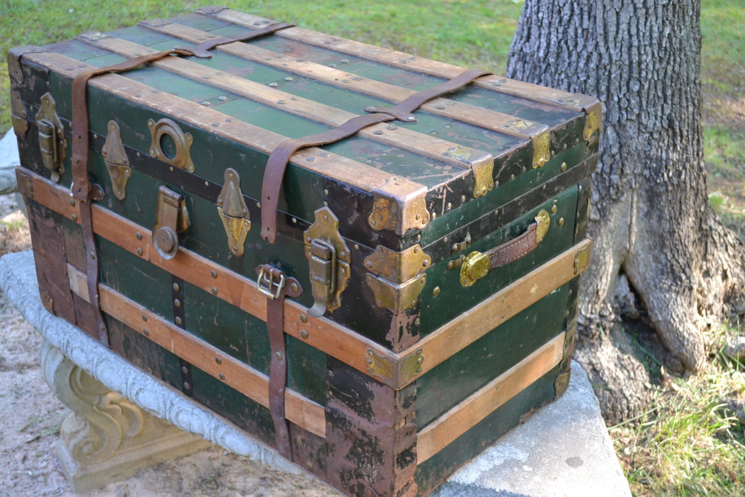Antique Steamer Trunk Metal Covered Wood Green Wood Trim