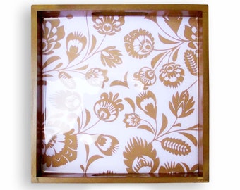 SALE, 30% off, Floral print, wooden tray, polish folk art, lacquered frame, no glass, square serving tray, gift, 10X10 inches