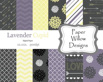 Lavender Cupid-(12)-12x12 Digital Papers-300dpi-Instant Download-Arrows-Dahlia-Floral-Chevron-Grey-Yellow-Purple-White