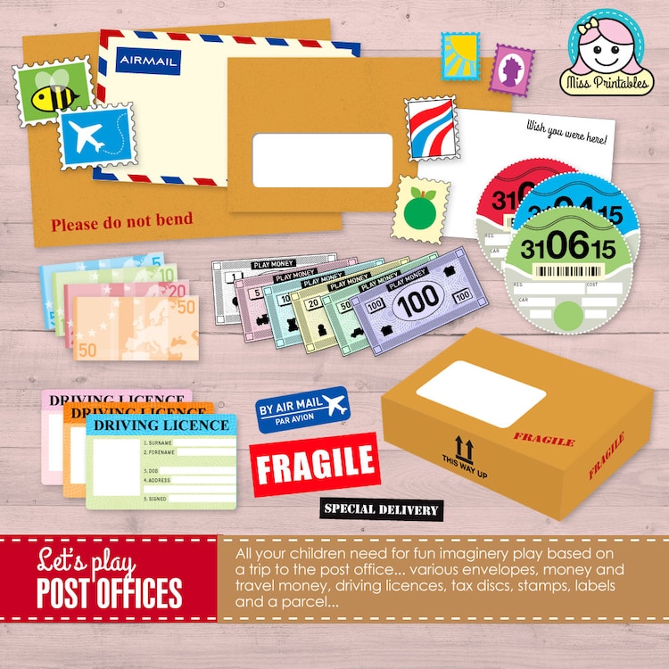 Printable post office set for children's pretend by MissPrintables