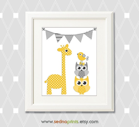 Yellow and grey baby wall art nursery art print 8x10