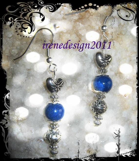 Handmade Silver Earrings with Blue Jade & Heart by IreneDesign2011