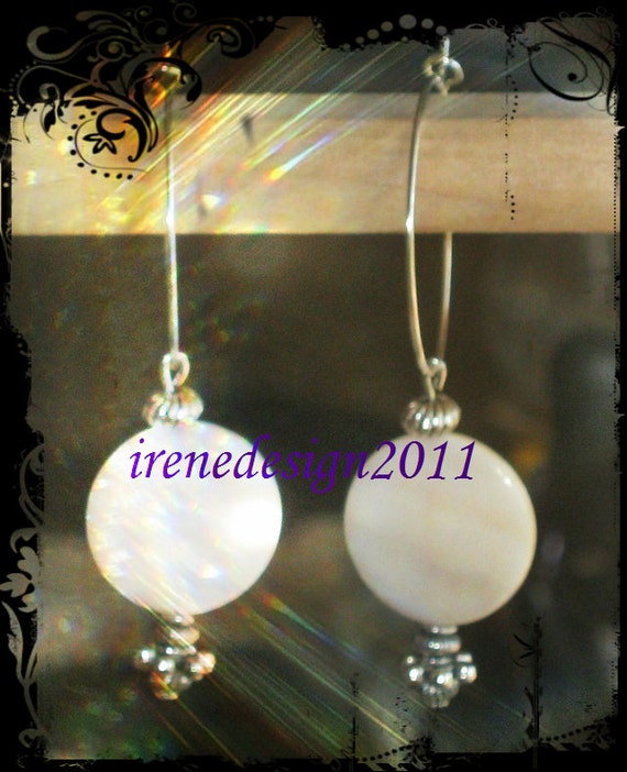 Silver Hoop Earrings with White Seashell Coins by IreneDesign2011