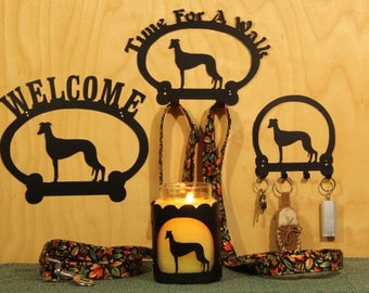 Greyhound Welcome Sign, Time for A Walk Leash Hook, Key Rack, Candle Holder for Yankee Type Jar Candles