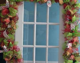 Christmas GARLAND 3 & 6 ft MERRY CHRISTMAS mantel buffet table centerpiece lime green red white chevron ribbons mesh