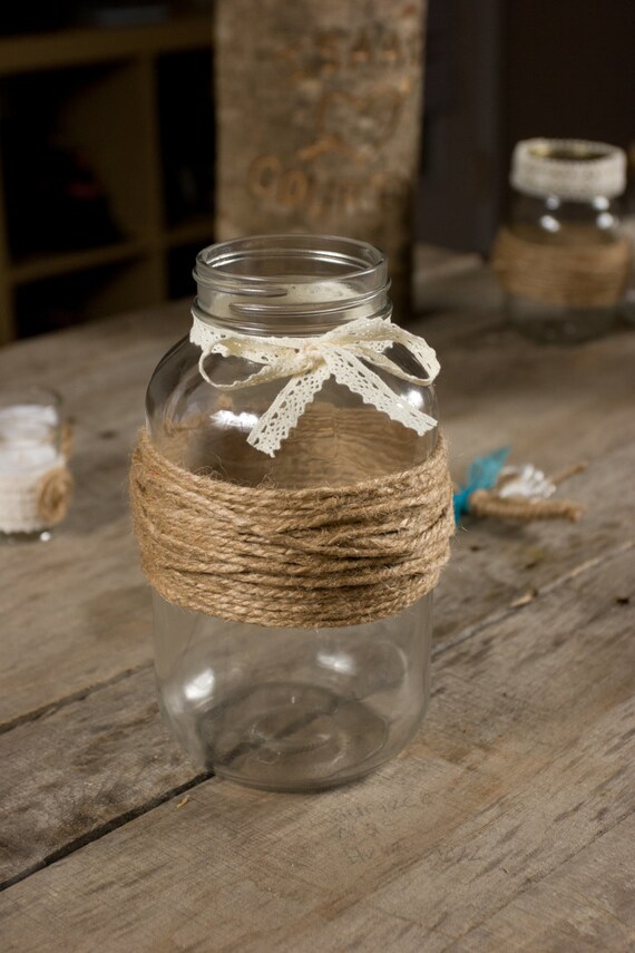Wedding Mason Jar Wrapped with Twine and Lace Bow