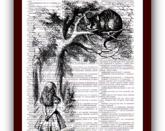 Alice in Wonderland Poster Cheshire Cat Art Print: upcycled dictionary page 8х10 print musical Notes Art Print
