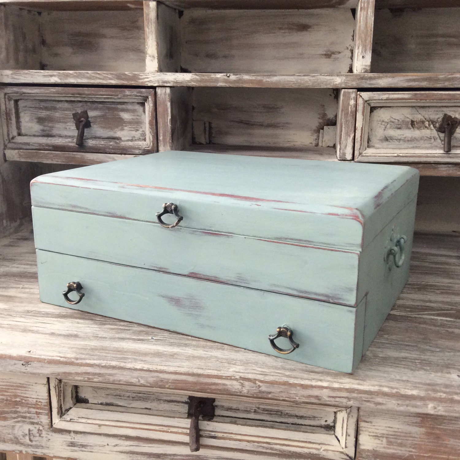 WOODEN SILVERWARE BOX Beach Cottage Flatware Chest Rustic