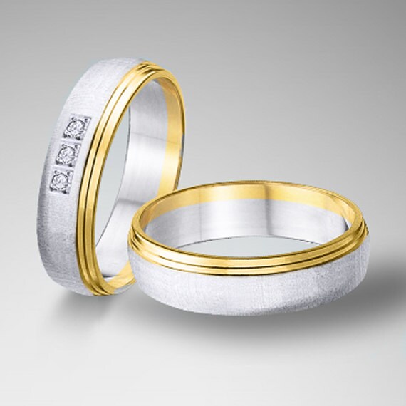 18K Pair White and Yellow Solid Gold Wedding Band. 5mm5mm