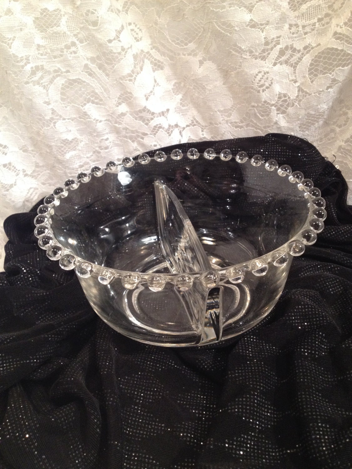 Vintage Candlewick Clear Glass Round Serving Bowl With Divider, Relish