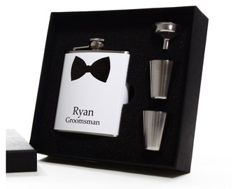 Personalized Groomsman Gift, Black Bow Tie Flask Gift Set