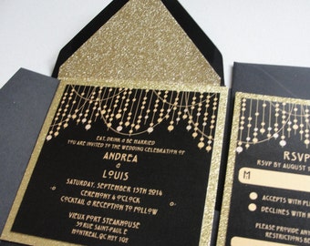 Glitter "Deco Lights" Wedding Invitations Set / Custom / String Lights Design / Confetti / Gold or Silver / Lined Envelopes