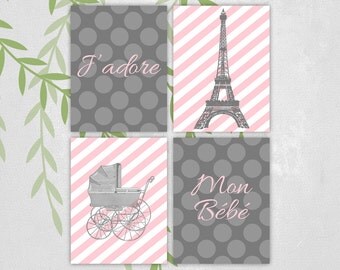 Eiffel tower nursery art - Paris nursery decor baby girls - J'adore Mon Bébé - gray and pink - stripes - polkadots - vintage baby carriage