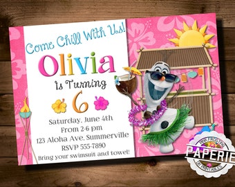 SUMMER Luau FROZEN Printable INVITATION, Custom Frozen Invitation, Girls Birthday Party, Summer Pool Party Birthday, Pink Frosting Paperie