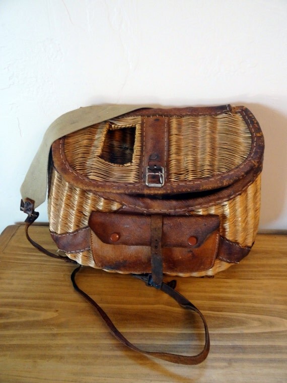 Vintage Fishing Creel Basket Wicker Leather Bound And Pocket