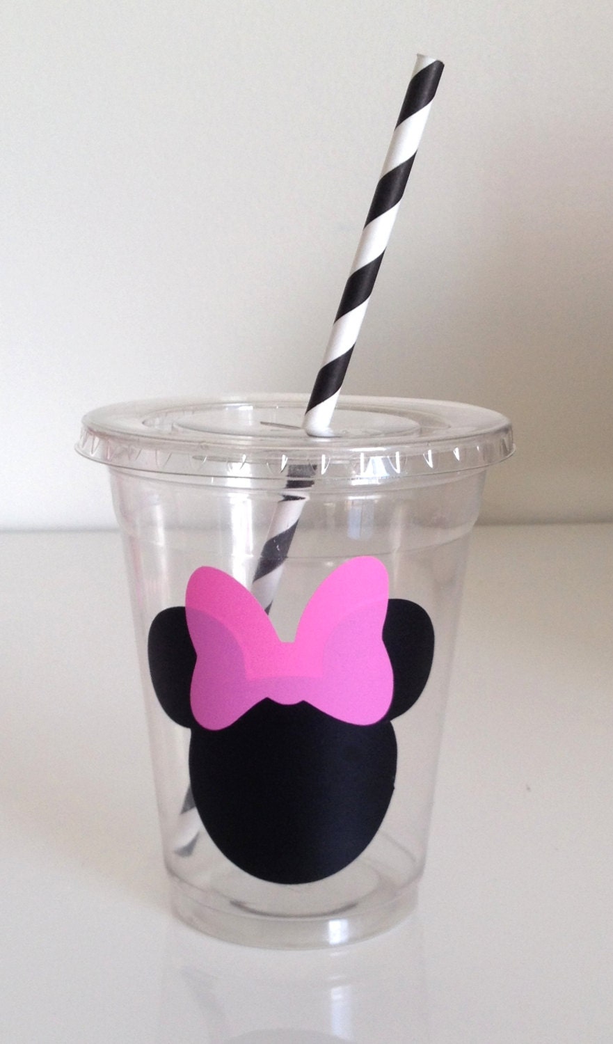 12 Red or Pink Minnie Mouse Party Cups with Lid and Straw