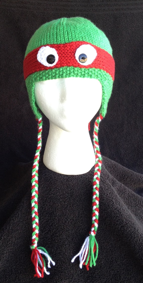 Hand-knit teenage mutant ninja turtle hat with ear flaps and