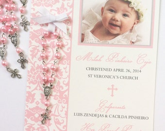 Damask Baptism favor cards with rosaries